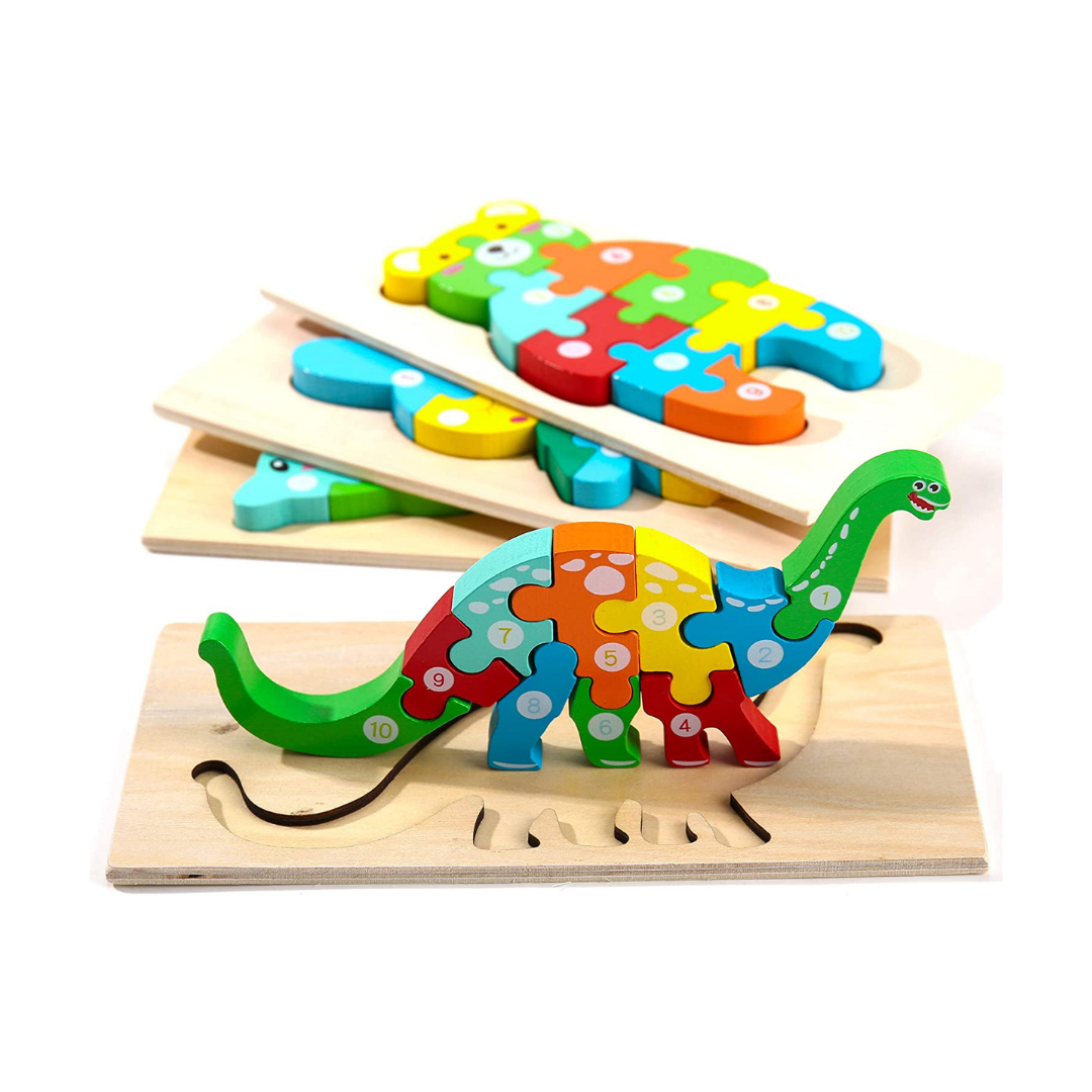Biodegradable 3D Cartoon Animals & Transportations Stand Alone Wooden  Jigsaw Puzzle Montessori Educational Toys for Pre-K & Up- Set of 3